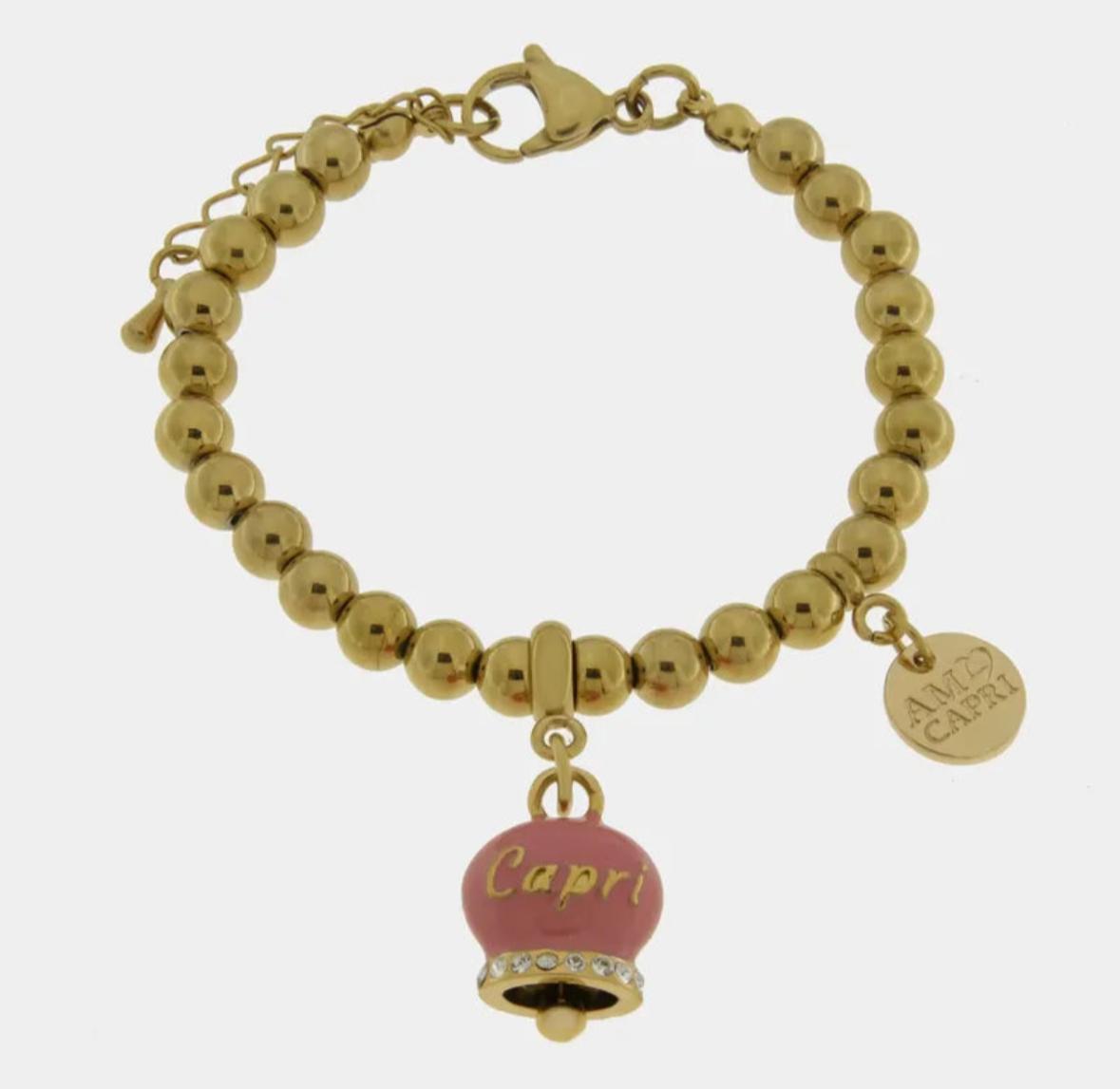 Bracciale in Acciaio con campanella rosa con scritta Capri AMOCAPRI
