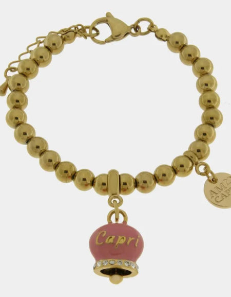 Bracciale in Acciaio con campanella rosa con scritta Capri AMOCAPRI