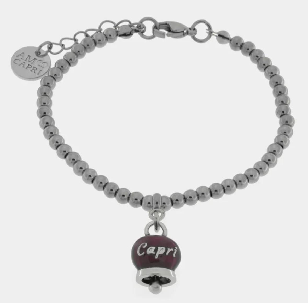 Bracciale in Acciaio con campanella pendente borgogna con scritta Capri AMOCAPRI