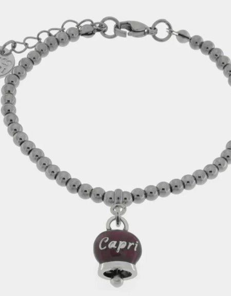 Bracciale in Acciaio con campanella pendente borgogna con scritta Capri AMOCAPRI