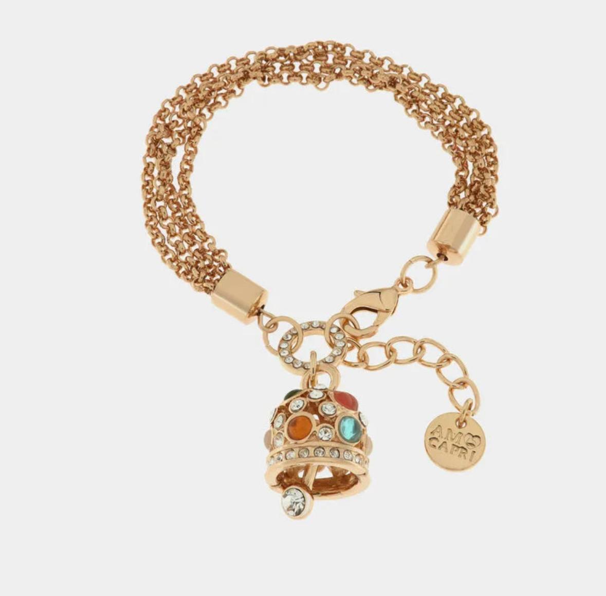 Bracciale in Metallo catena multifilo, con campana pendente impreziosita da cristalli multicolore e punti luce bianchi AMOCAPRI