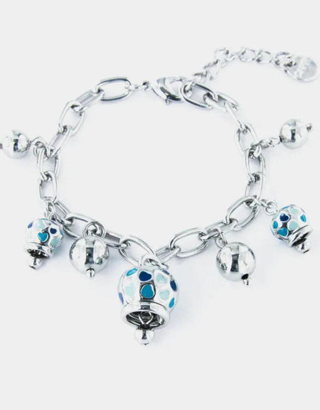 Bracciale in Metallo con campanelle pendenti a trama cuori impreziositi da smalti nelle tonalità dell'azzurro AMOCAPRI