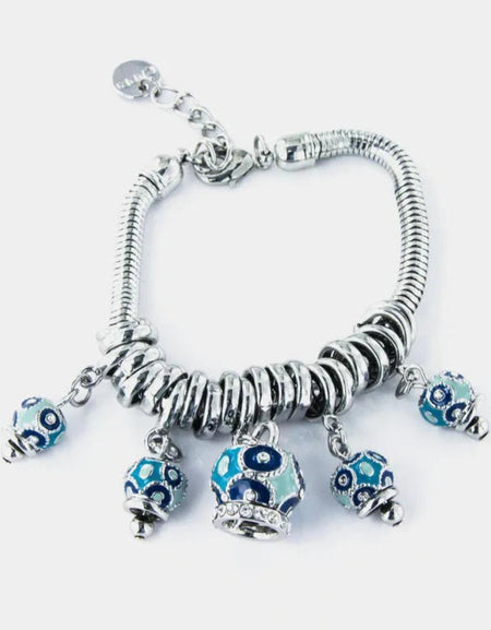 Bracciale in Metallo multiciondoli pendenti con campanelle azzurre e cristalli luminosi AMOCAPRI