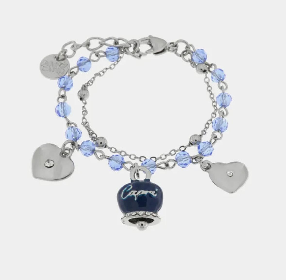 Bracciale in Metallo con campana smaltata blu e cuoricini pendenti AMOCAPRI