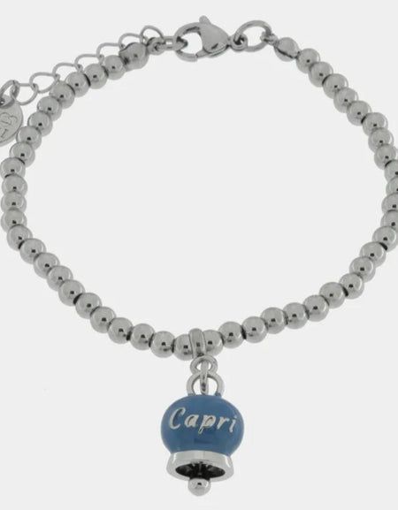 Bracciale in Acciaio con campanella pendente blu cobalto con scritta Capri AMOCAPRI