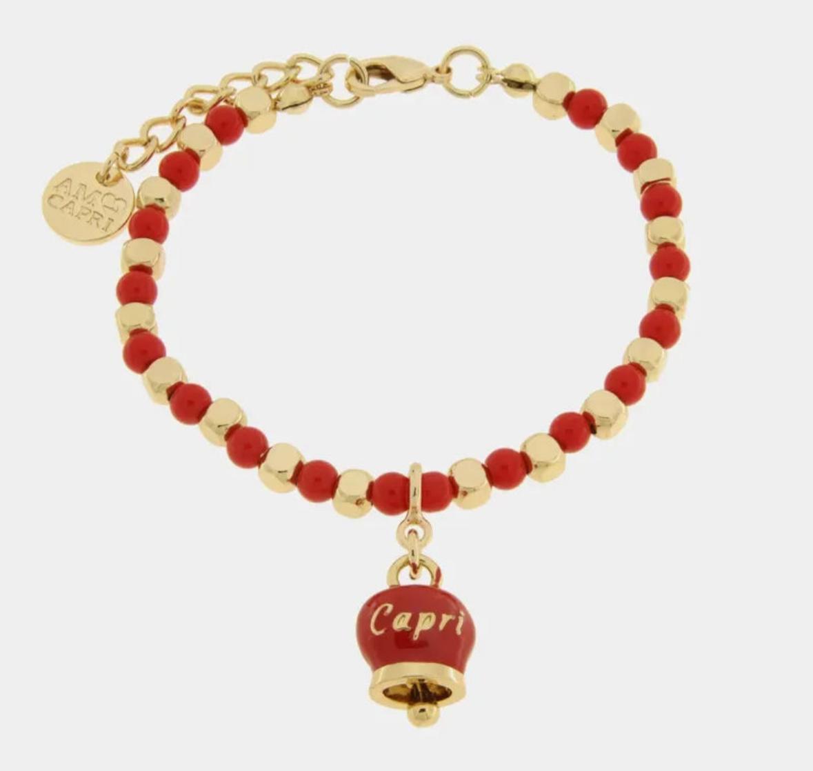 Bracciale in Metallo con sfere e campanella Capri rossa AMOCAPRI