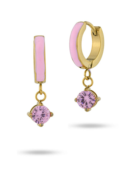 BOCCADAMO MYA Orecchini Dorati a Cerchio Canna Quadrata con Smalto e Zircone Rosa