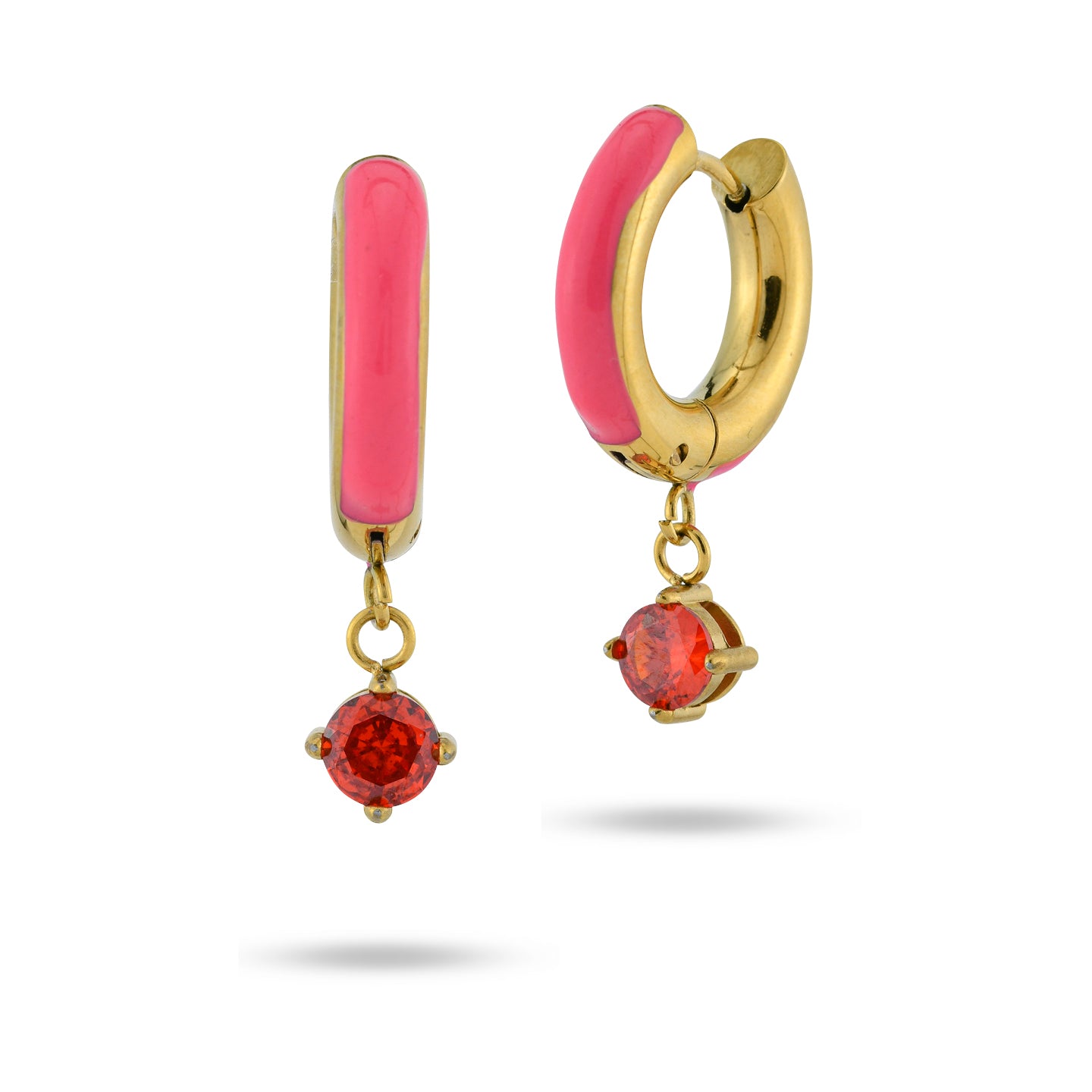 MAISON GIOIELLI FIRENZE - OHANA Mono Orecchino A Cerchio Placcato Oro Rosa 18K - Con Zirconi E Micro Baguette Fucsia - Ipoallergenico