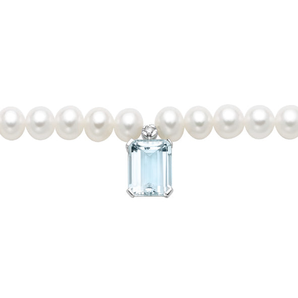 LUCE DI DONNAORO Collana Girocollo Perle Gocce con Acquamarina taglio Ottagonale e Diamante in Oro Bianco 18kt