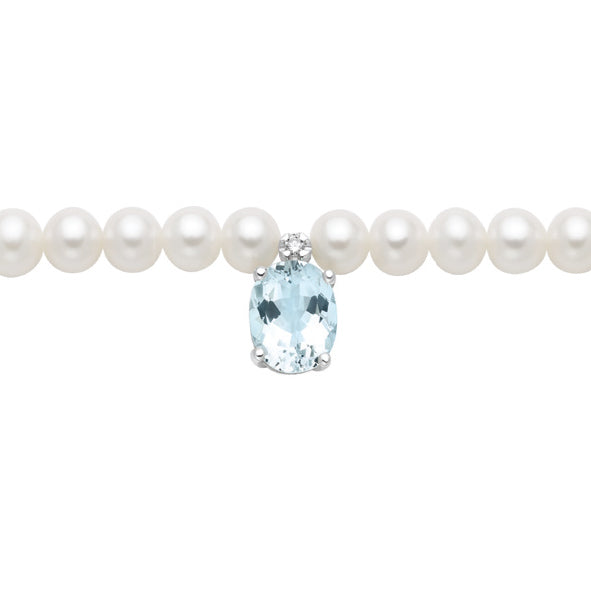 LUCE DI DONNAORO Collana Girocollo Perle Gocce con Acquamarina taglio Ovale e Diamante in Oro Bianco 18kt