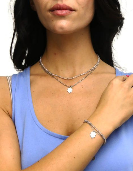 BOCCADAMO MYA Collana Doppio Filo Quadrifoglio e Cristalli Pesca