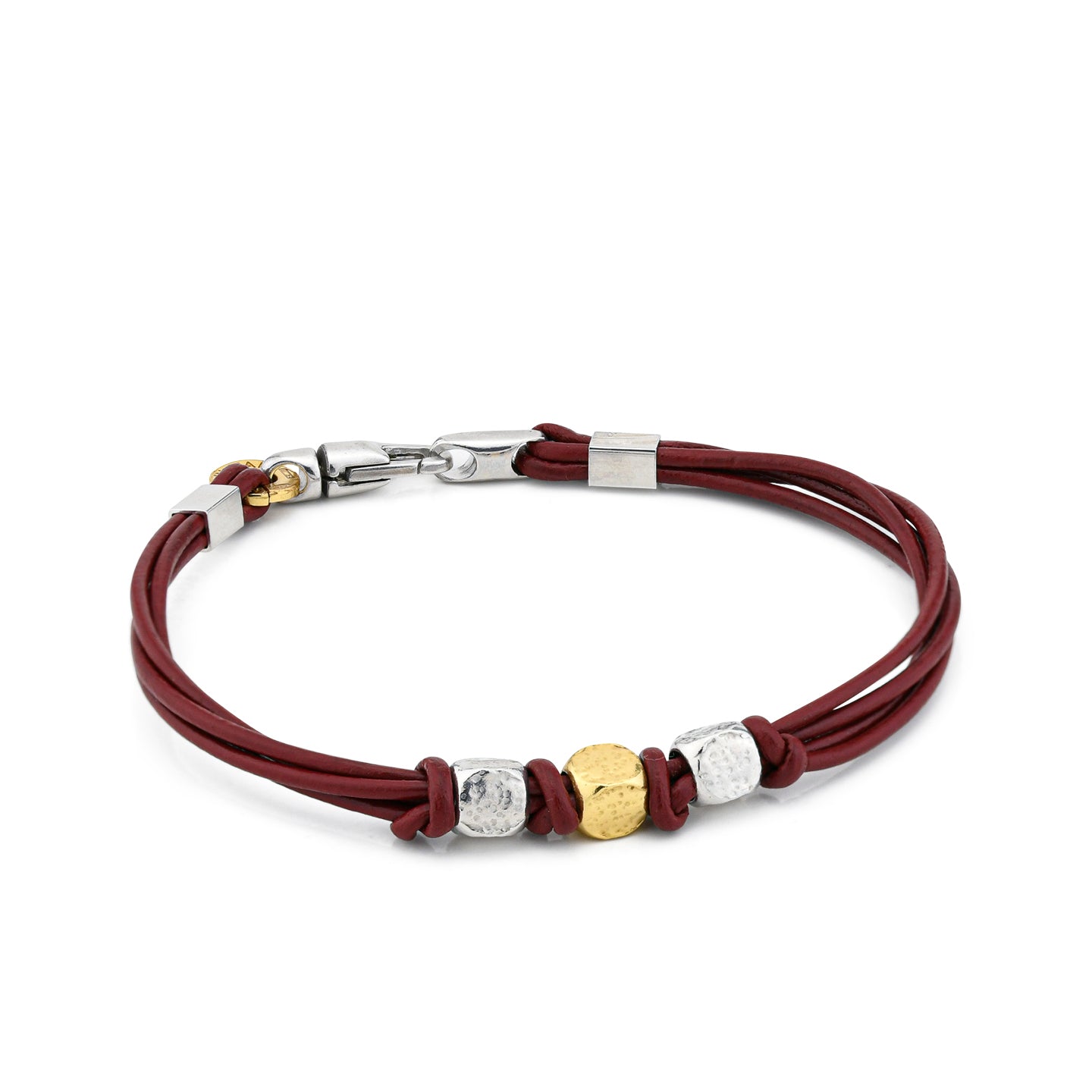 BOCCADAMO MAN Bracciale Cuoio bordeaux con Tre Cubotti in Argento 925