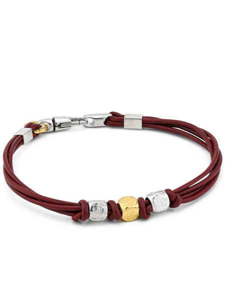 BOCCADAMO MAN Bracciale Cuoio bordeaux con Tre Cubotti in Argento 925