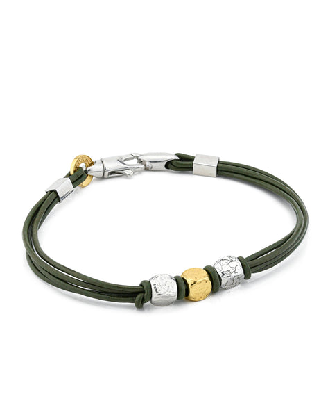 BOCCADAMO MAN Bracciale Cuoio Verde con Tre Cubotti in Argento 925