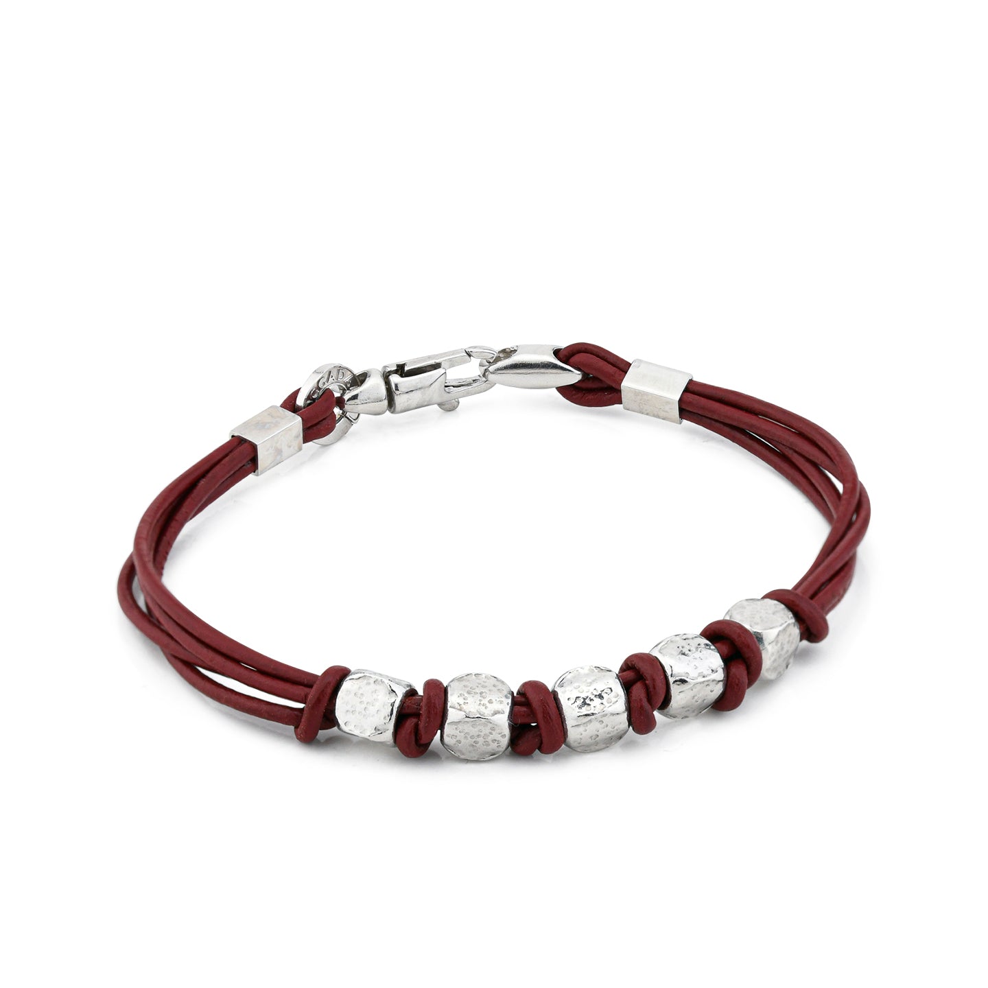 BOCCADAMO MAN Bracciale Cuoio bordeaux con Cinque Cubotti in Argento 925