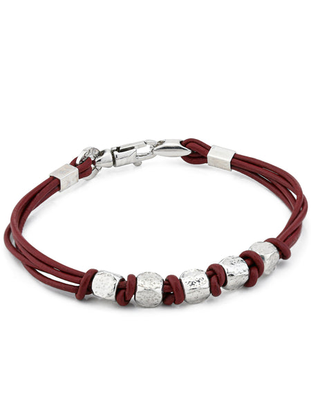 BOCCADAMO MAN Bracciale Cuoio bordeaux con Cinque Cubotti in Argento 925