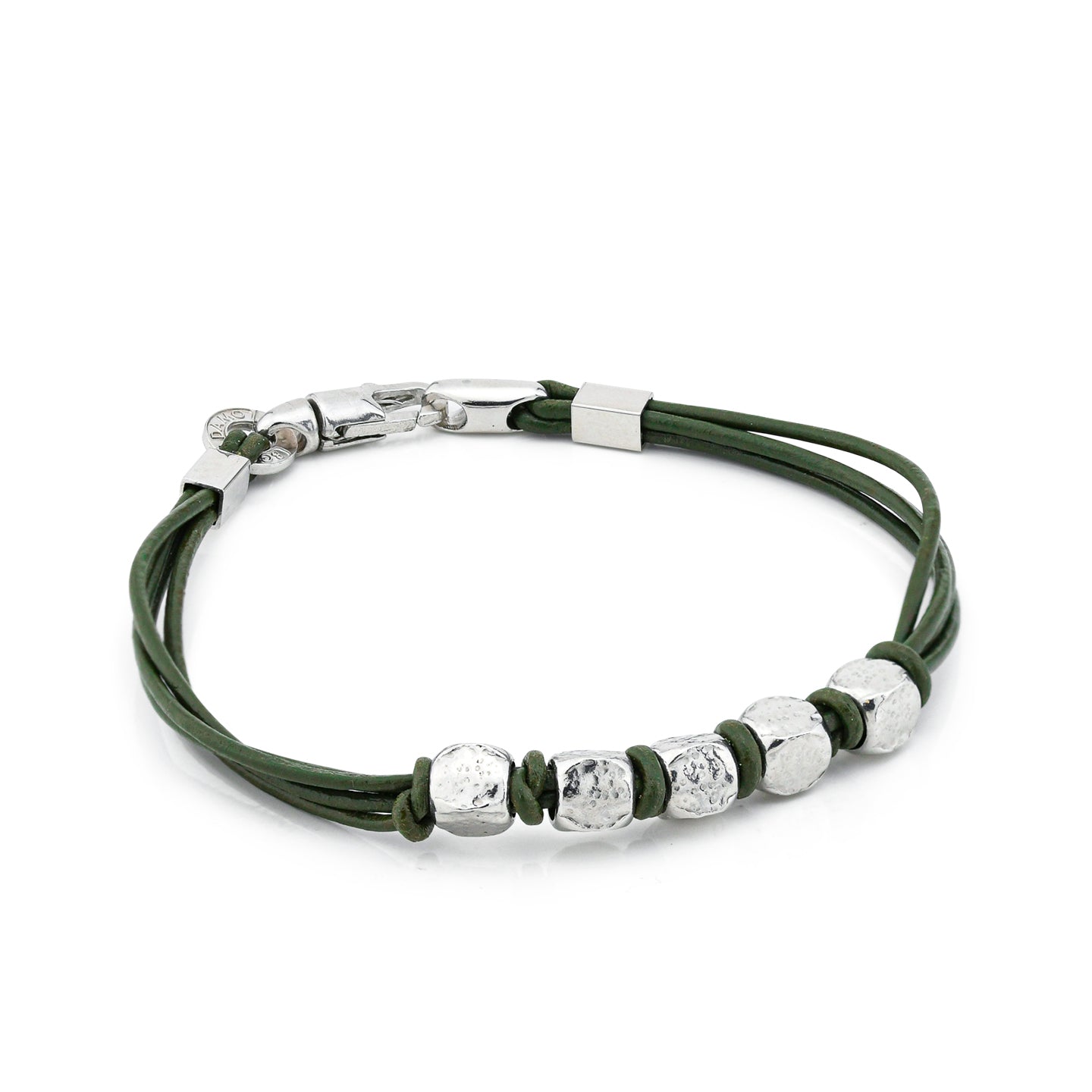 BOCCADAMO MAN Bracciale Cuoio Verde con Cinque Cubotti in Argento 925