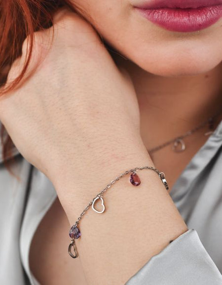 BOCCADAMO MYA Bracciale Charms Cuori e Cristalli Ametista e Tanzanite