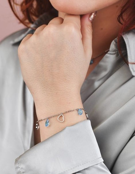 BOCCADAMO MYA Bracciale Charms Cuori e Cristalli Acquamarina