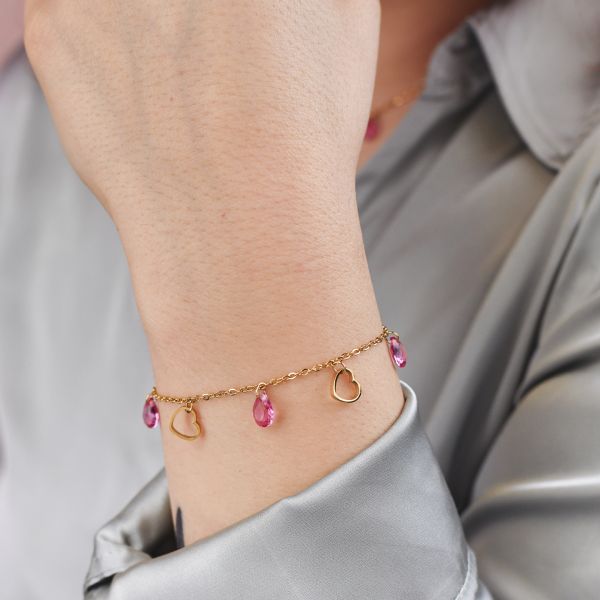 BOCCADAMO MYA Bracciale Dorato Charms Cuori e Cristalli Rosa