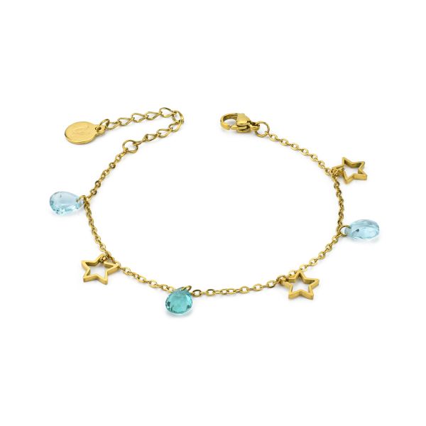 BOCCADAMO MYA Bracciale Dorato Charms Stelle e Cristalli Acquamarina e Verde Acqua