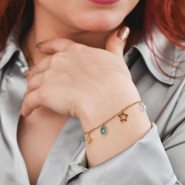 BOCCADAMO MYA Bracciale Dorato Charms Stelle e Cristalli Acquamarina e Verde Acqua