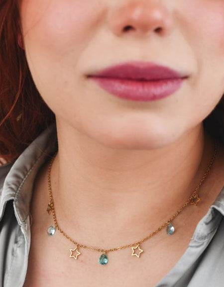 BOCCADAMO MYA Collana Dorata Charms Stelle e Cristalli Acquamarina e Verde Acqua