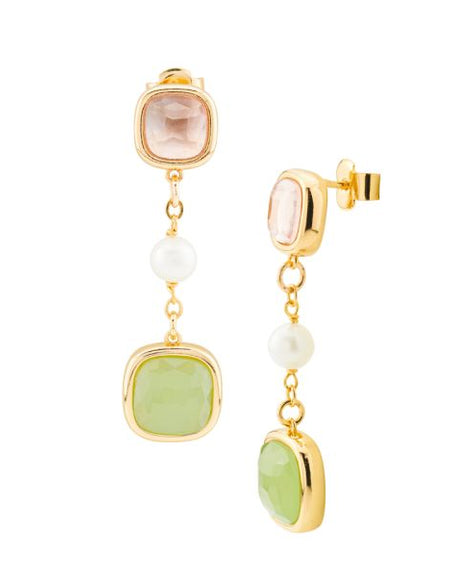 BOCCADAMO Orecchini Pendenti Dorati Crisette con Cristalli Ametista Verde Pesca e Perla Centrale