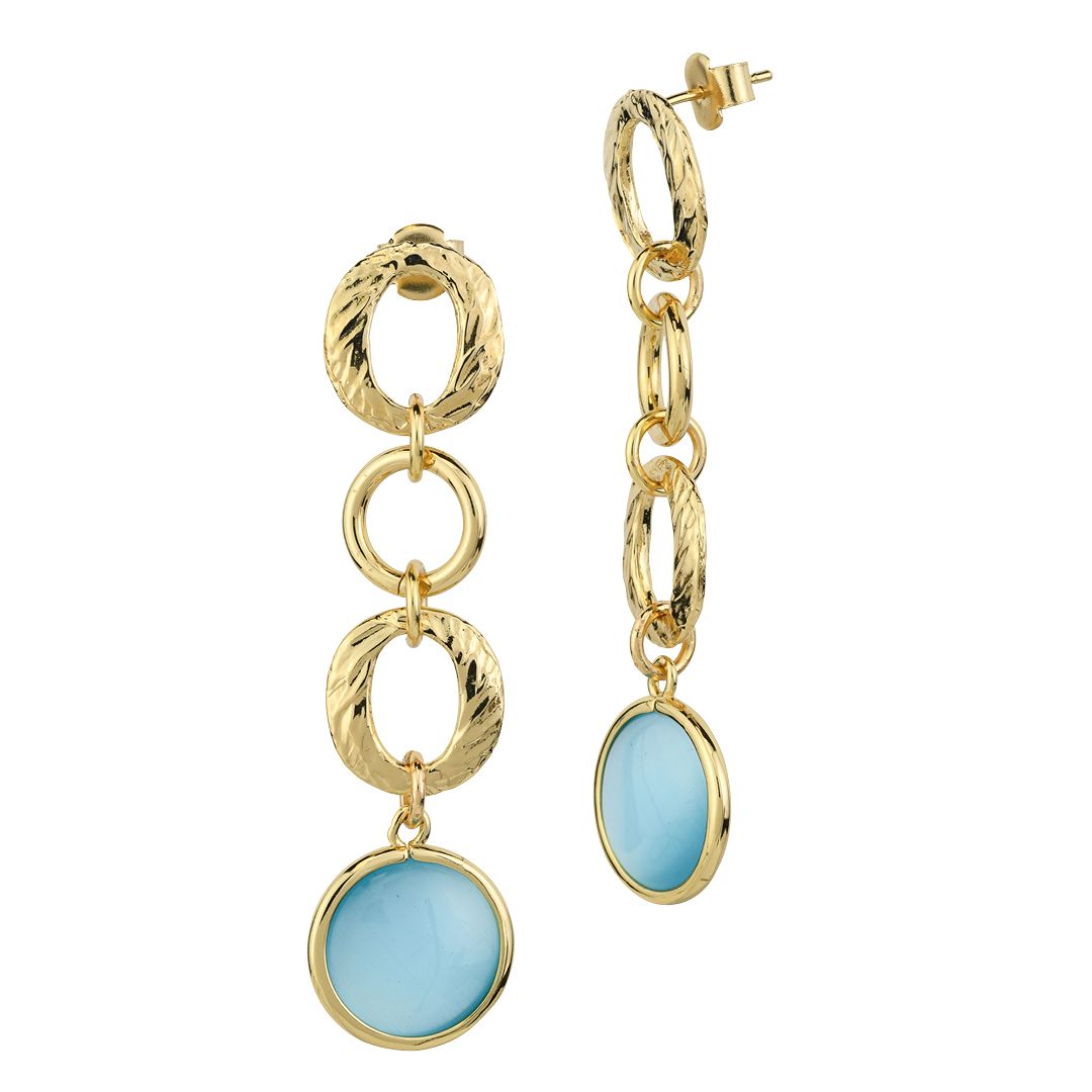 Orecchini pendenti placcati oro giallo con cristalli celeste e tre moduli circolari BOCCADAMO