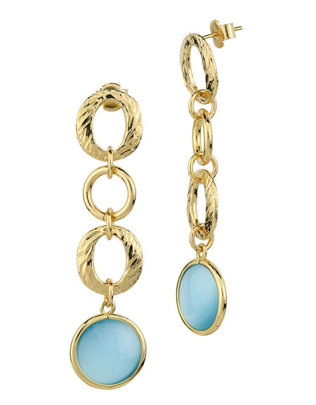 Orecchini pendenti placcati oro giallo con cristalli celeste e tre moduli circolari BOCCADAMO