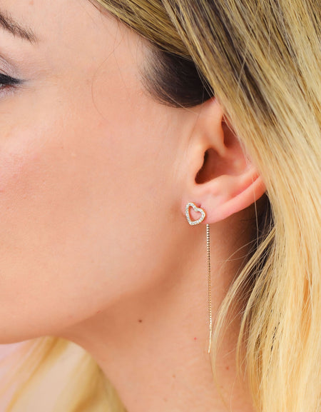 BOCCADAMO MYA Orecchini Cuore Pavè e Cuore Vuoto Dorati con filo a Cascata