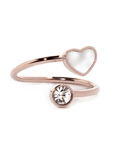 MARLÙ Anello contrariè con cuore in Madreperla e cristallo bianco in acciaio rosè