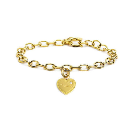 MARLÙ Bracciale a catena con pendente cuore Mamma in acciaio dorato
