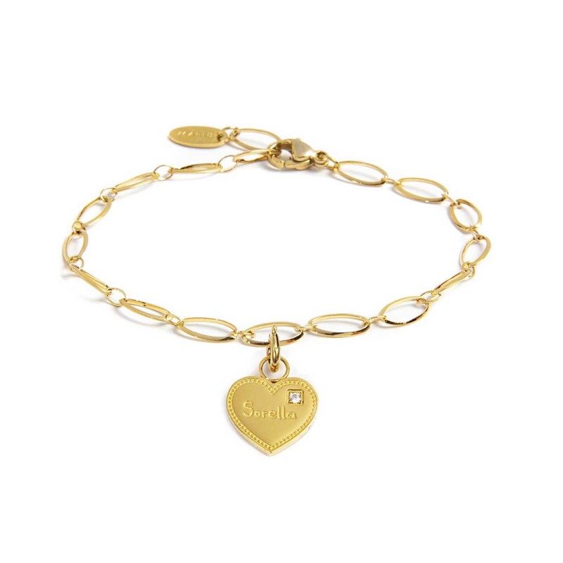 MARLÙ Bracciale a catena ovale con pendente cuore Sorella in acciaio dorato