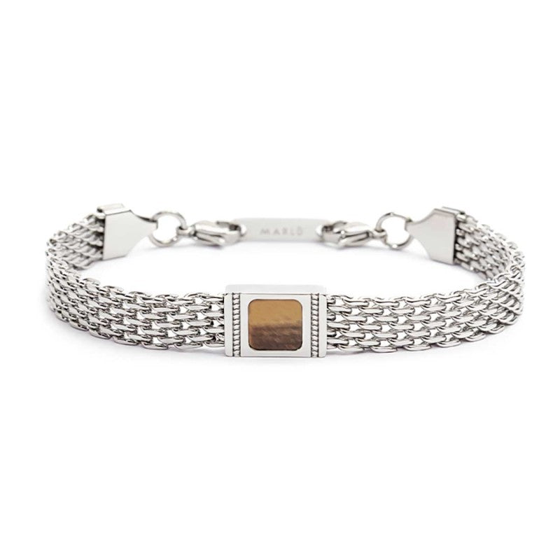 MARLÙ Bracciale Occhio di Tigre centrale maglia Mesh in acciaio