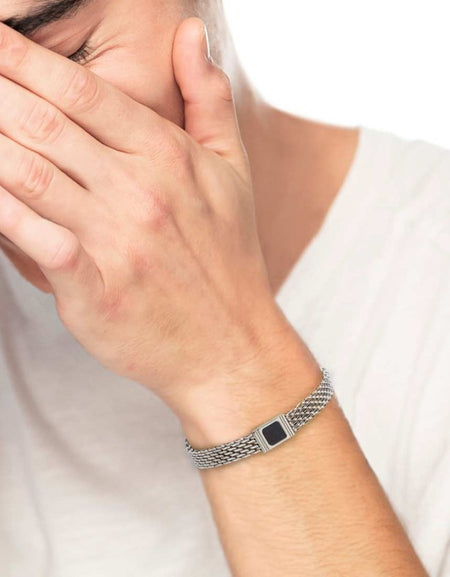 MARLÙ Bracciale Onice Nera centrale maglia Mesh in acciaio