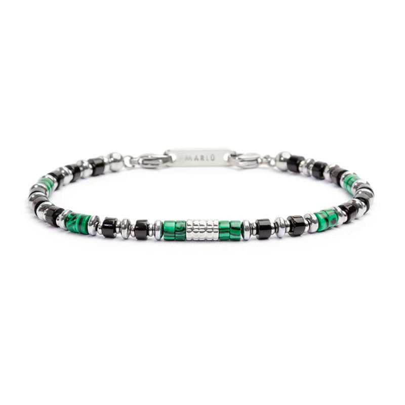 MARLÙ Bracciale con rondelle in Malachite ed Onice Nera Cilindro centrale diamantato in acciaio