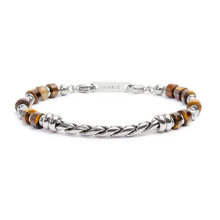 MARLÙ Bracciale in acciaio e rondelle in Occhio di Tigre e catena Twisted