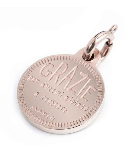 MARLÙ Pendente Charm tondo Grazie in acciaio rosè