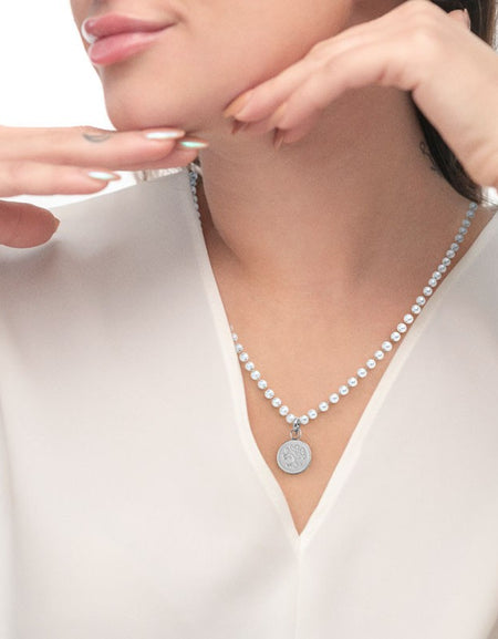 MARLÙ Collana girocollo di perle con pendente Albero dei valori in acciaio