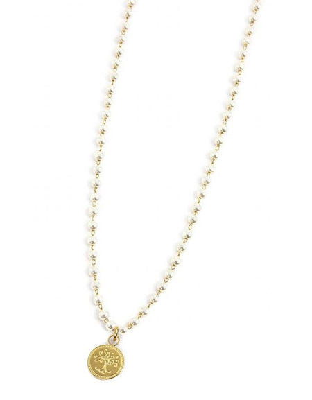 MARLÙ Collana girocollo di perle con pendente Albero dei valori in acciaio dorato