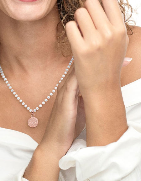 MARLÙ Collana girocollo di perle con pendente Albero dei valori in acciaio rosè