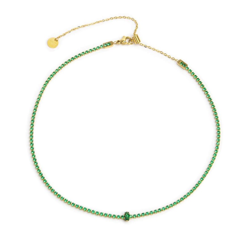 MARLÙ Collana Tennis con zircone Baguette Verde Smeraldo in acciaio dorato