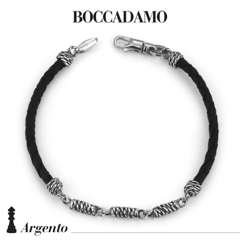 Bracciale Uomo BOCCADAMO MAN in Pelle Nera ed Elementi Centrali a Corda in Argento 925