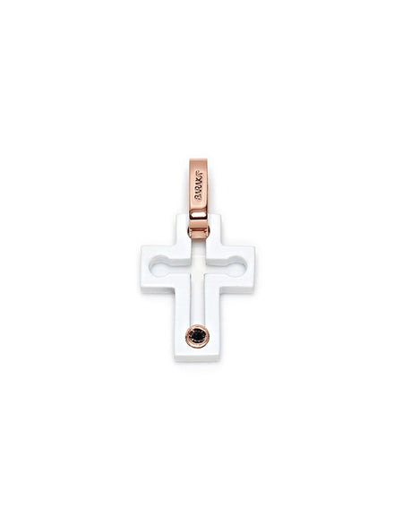 Pendente BARAKA' a Croce in ceramica Bianca, Oro rosa e Diamante Nero LIMITED EDITION