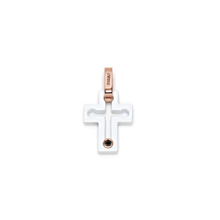 Pendente BARAKA' a Croce in ceramica Bianca, Oro rosa e Diamante Nero LIMITED EDITION