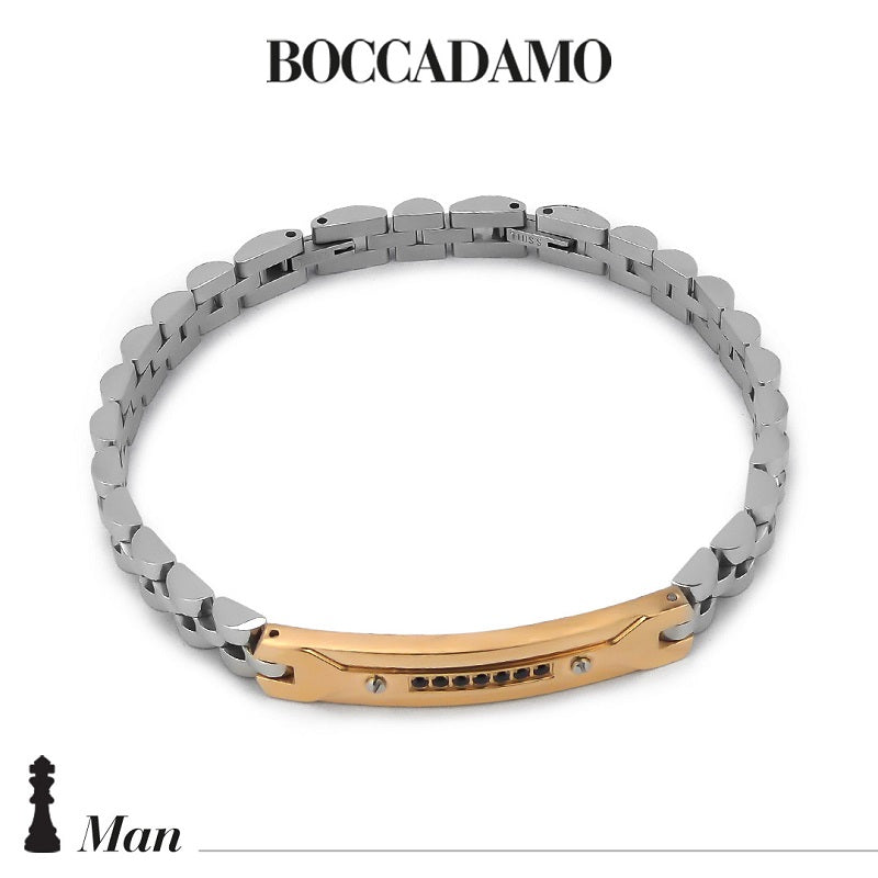 Bracciale uomo BOCCADAMO MAN in acciaio con piastrina centrale Placc. oro rosa e zirconi