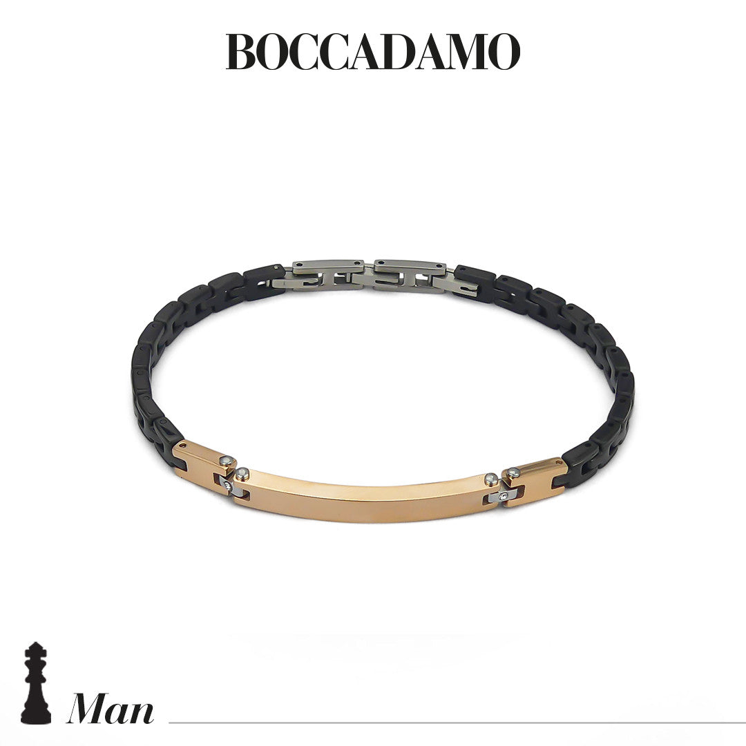 BOCCADAMO MAN Bracciale Uomo Modulare con Targa Centrale PVD  nero e rosa e Zirconi Bianchi