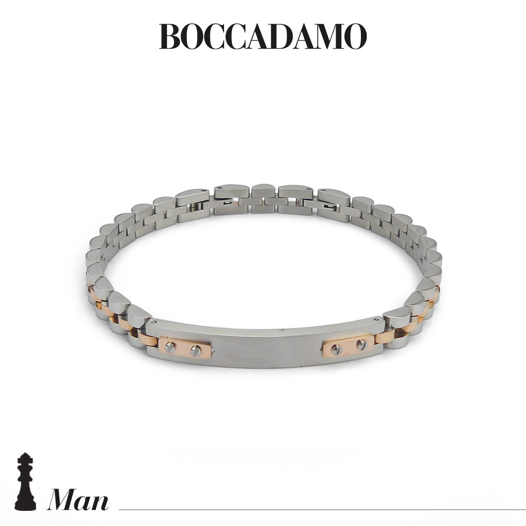 BOCCADAMO MAN Bracciale Uomo Maglia Jubilee e Targa in Acciaio e PVD rosè