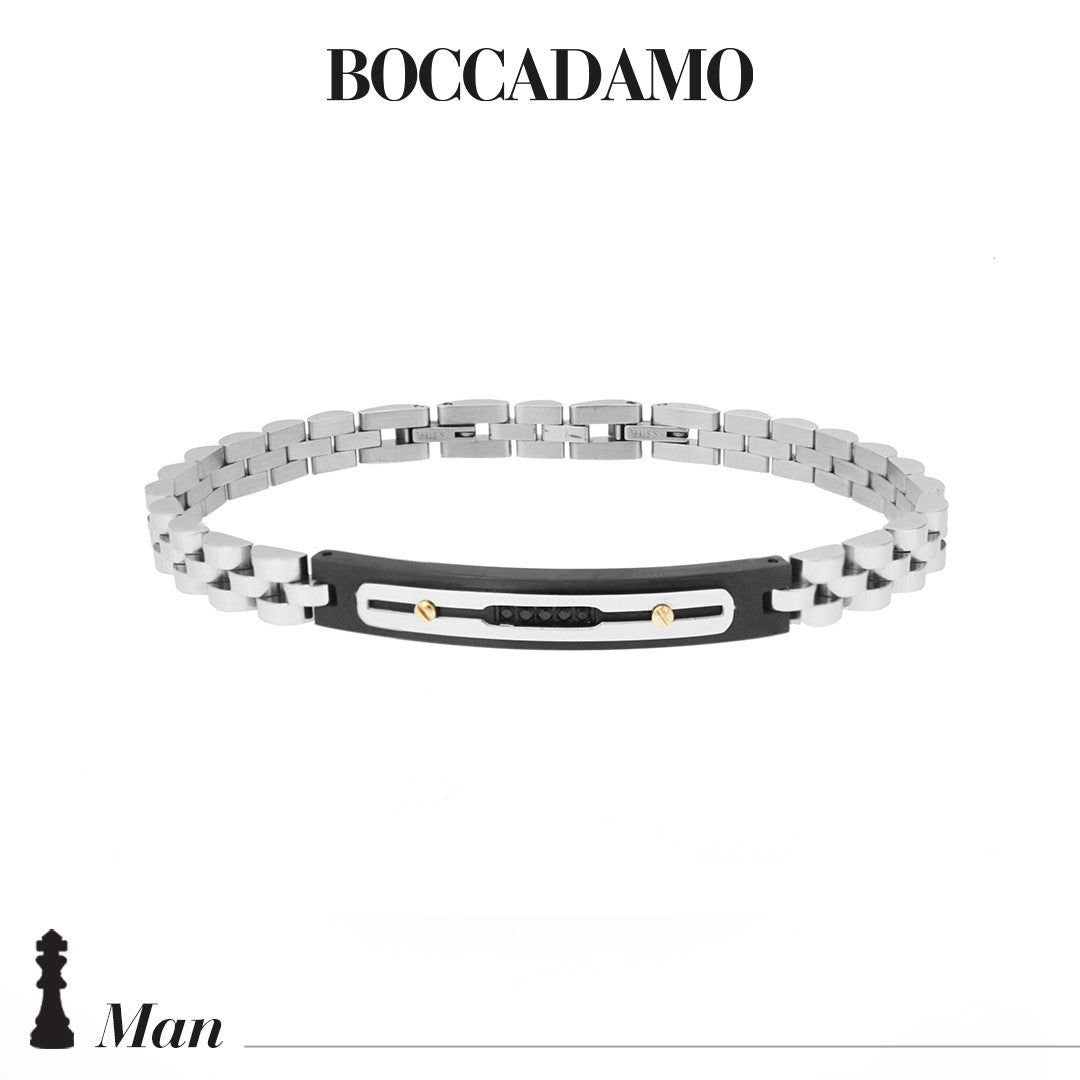 BOCCADAMO MAN Bracciale Uomo Maglia Jubilee con targa Centrale in PVD bicolore e Zirconi Neri